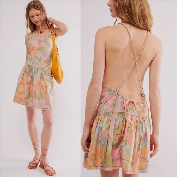 New Free People Deserted Island Mini Sundress‎ in Rainforest Combo XS - Picture 3 of 10